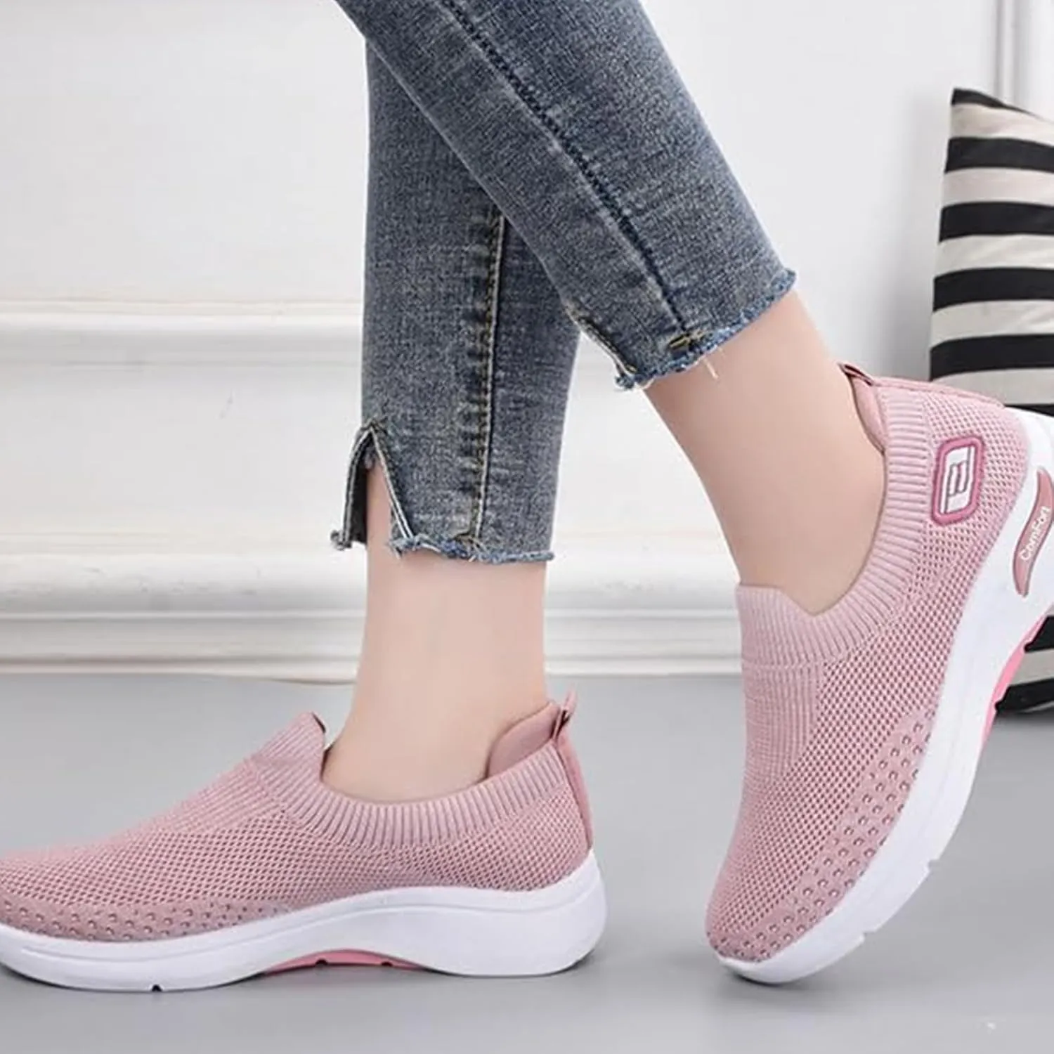 Orthopedic Sneakers for Women Arch Support Slip on Mesh Knitted Walking Shoes Breathable Non-Slip Work Shoes