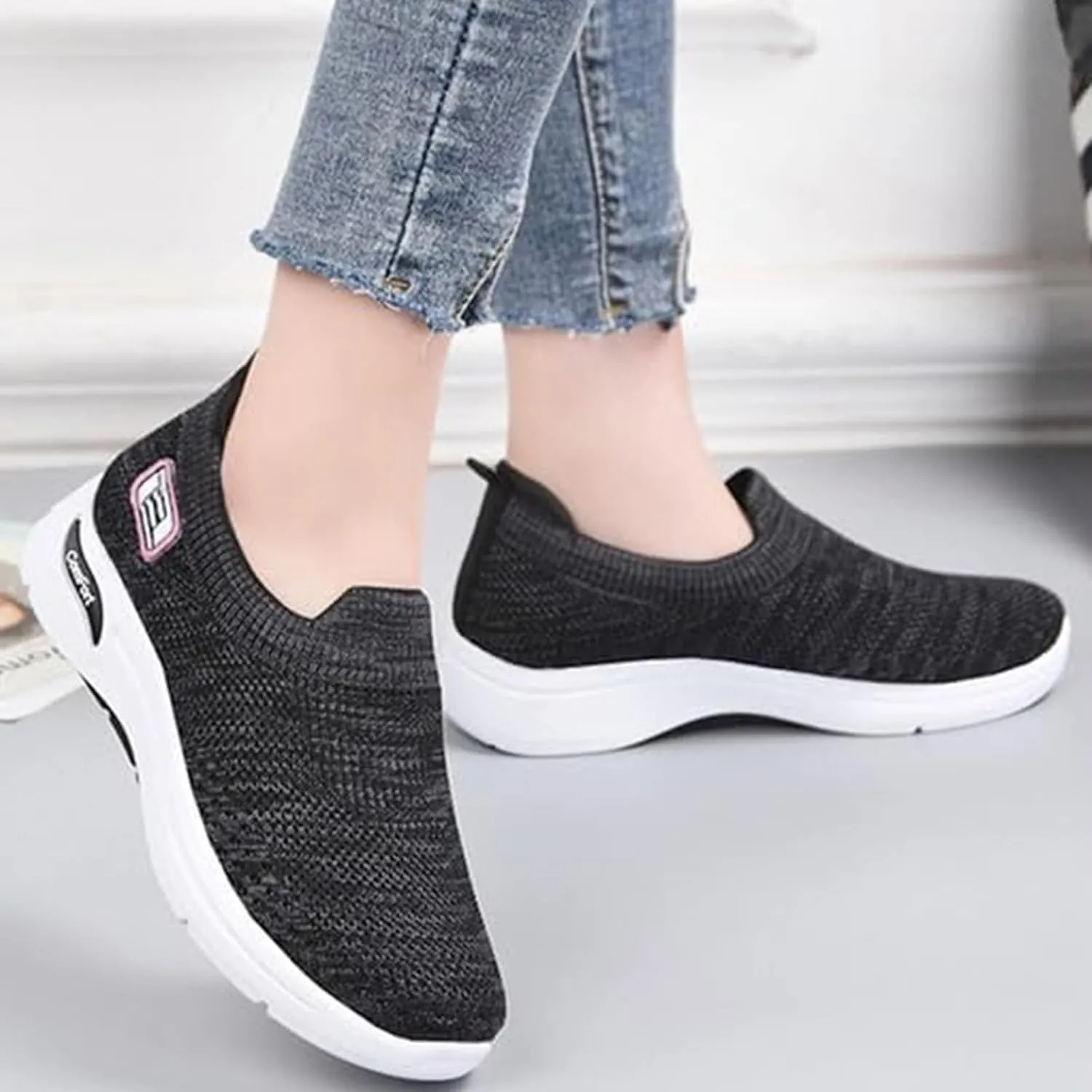 Orthopedic Sneakers for Women Breathable Lightweight Arch Support Air Cushion Slip on Walking Shoes Non Slip Soft Knitted Work Shoes
