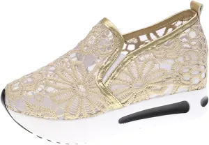Platform Wedge Fashion Sneakers for Women 2025, Embroidery Floral Mesh Tennis Lace Chunky Sole Hidden High Heels Slip On Loafers Walking Work Shoes Arch Support Low Top Sneakers Shoes