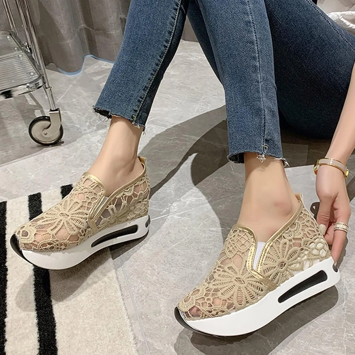 Platform Wedge Fashion Sneakers for Women 2025, Embroidery Floral Mesh Tennis Lace Chunky Sole Hidden High Heels Slip On Loafers Walking Work Shoes Arch Support Low Top Sneakers Shoes