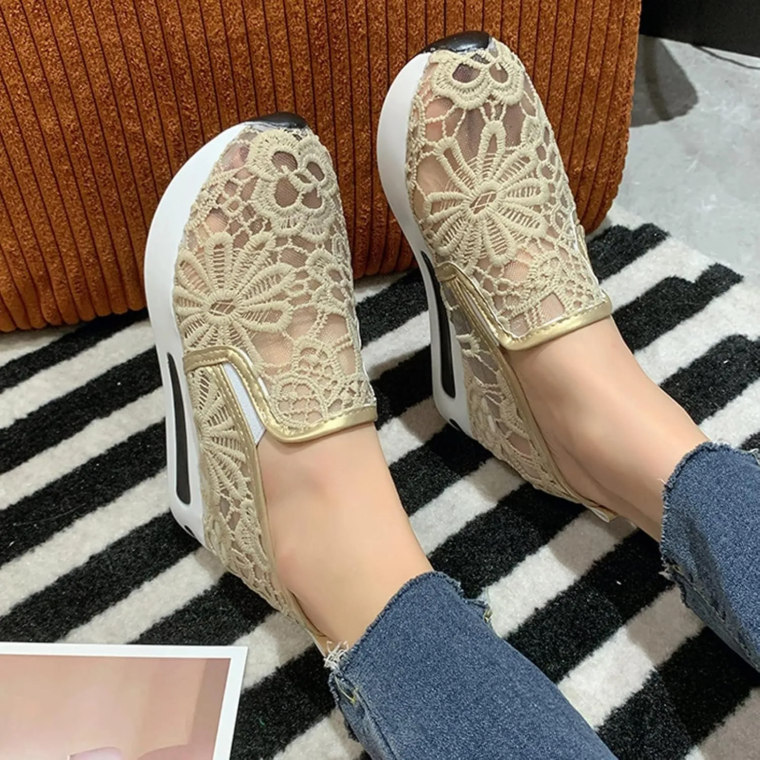 Platform Wedge Fashion Sneakers for Women 2025, Embroidery Floral Mesh Tennis Lace Chunky Sole Hidden High Heels Slip On Loafers Walking Work Shoes Arch Support Low Top Sneakers Shoes
