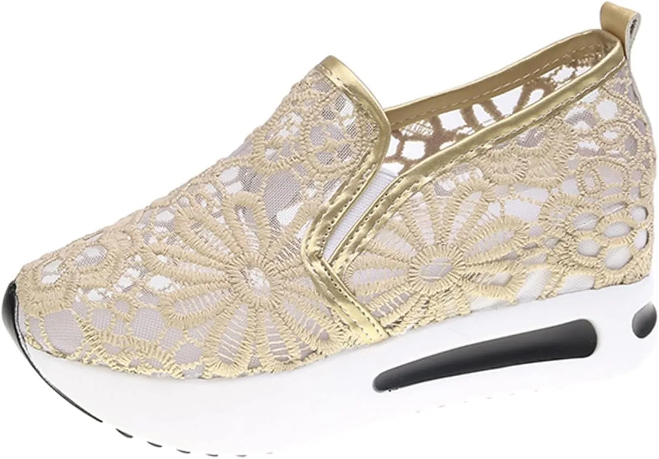 Platform Wedge Fashion Sneakers for Women 2025, Embroidery Floral Mesh Tennis Lace Chunky Sole Hidden High Heels Slip On Loafers Walking Work Shoes Arch Support Low Top Sneakers Shoes