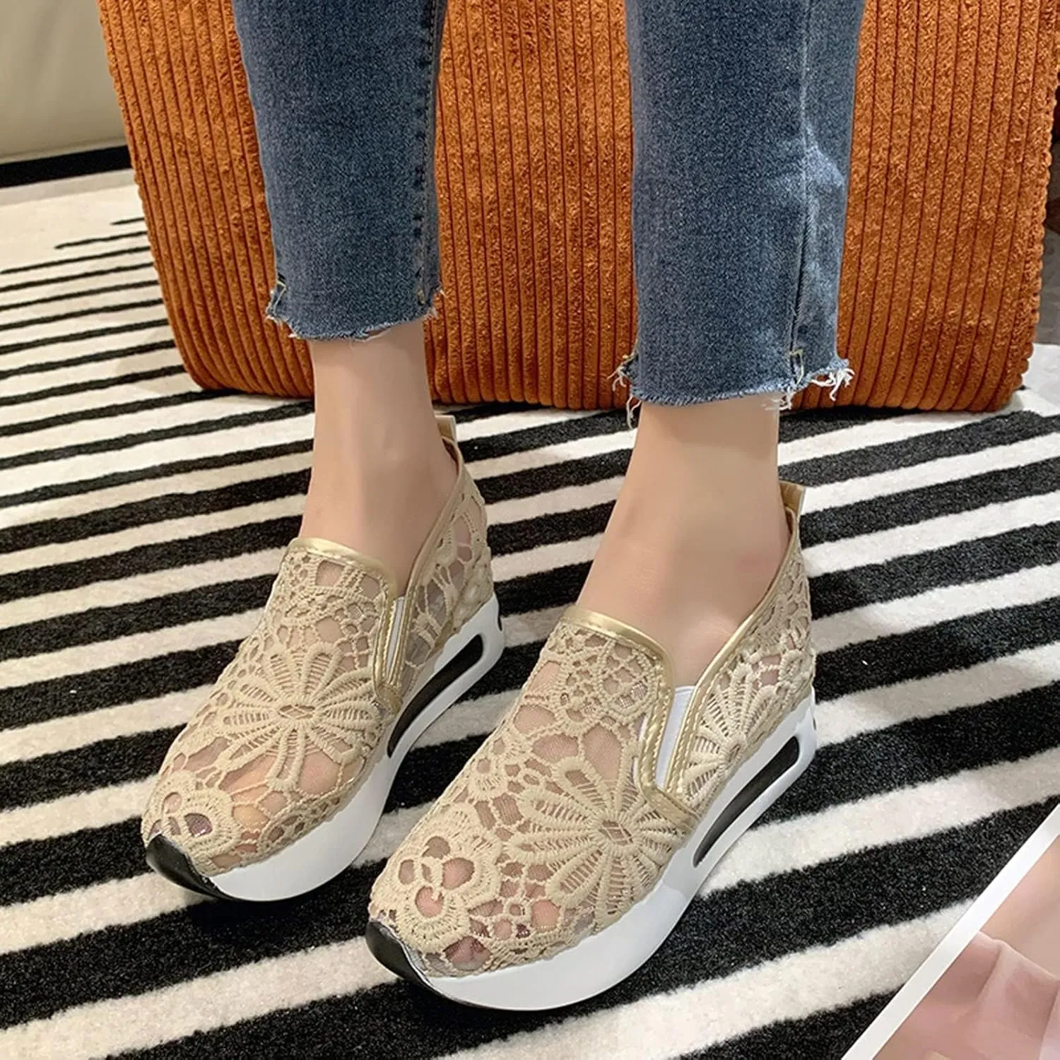 Platform Wedge Fashion Sneakers for Women 2025, Embroidery Floral Mesh Tennis Lace Chunky Sole Hidden High Heels Slip On Loafers Walking Work Shoes Arch Support Low Top Sneakers Shoes