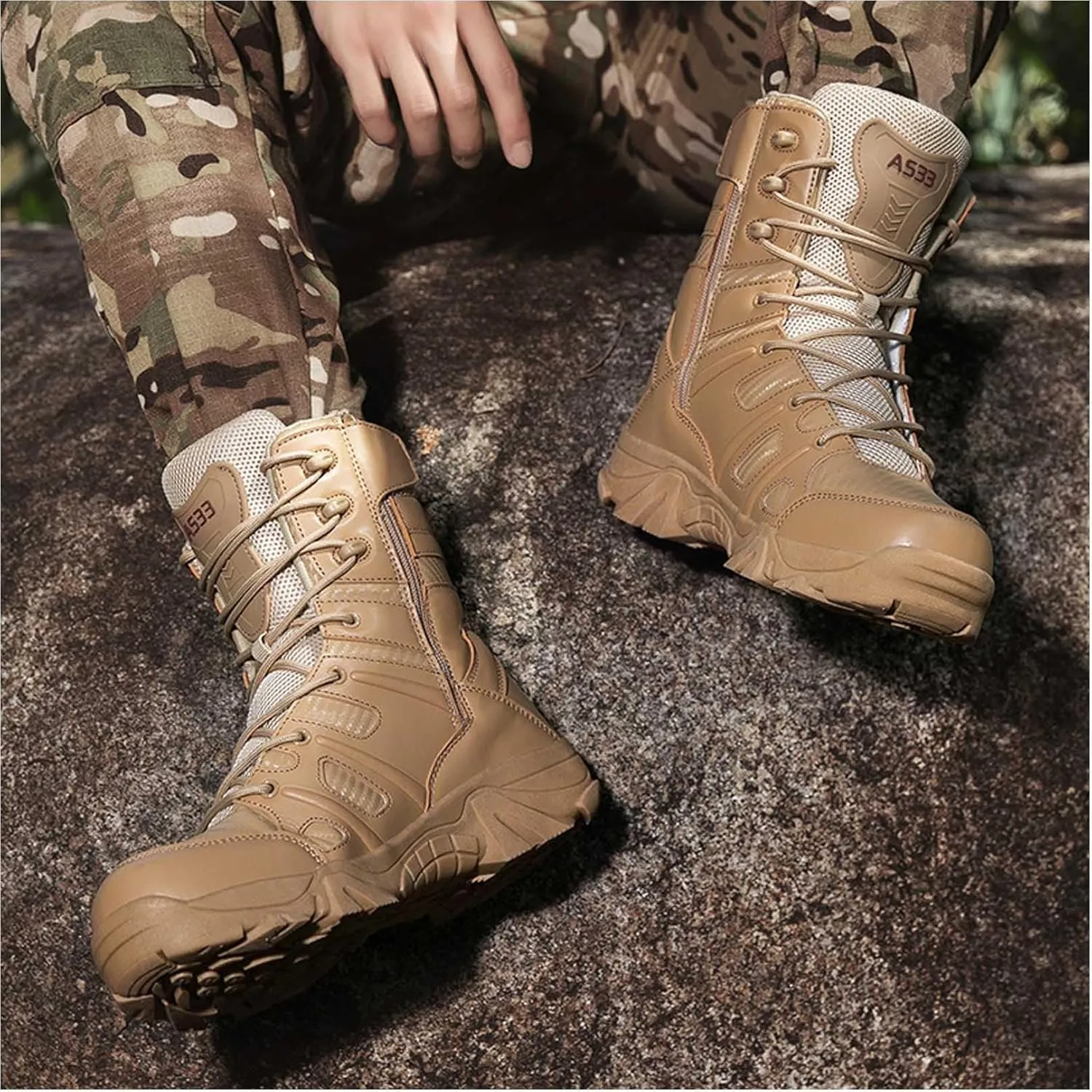 Renyqatt Men's Tactical Boots 8 Inches Lightweight Work Military Boots Side Zipper Jungle Combat Desert Boot