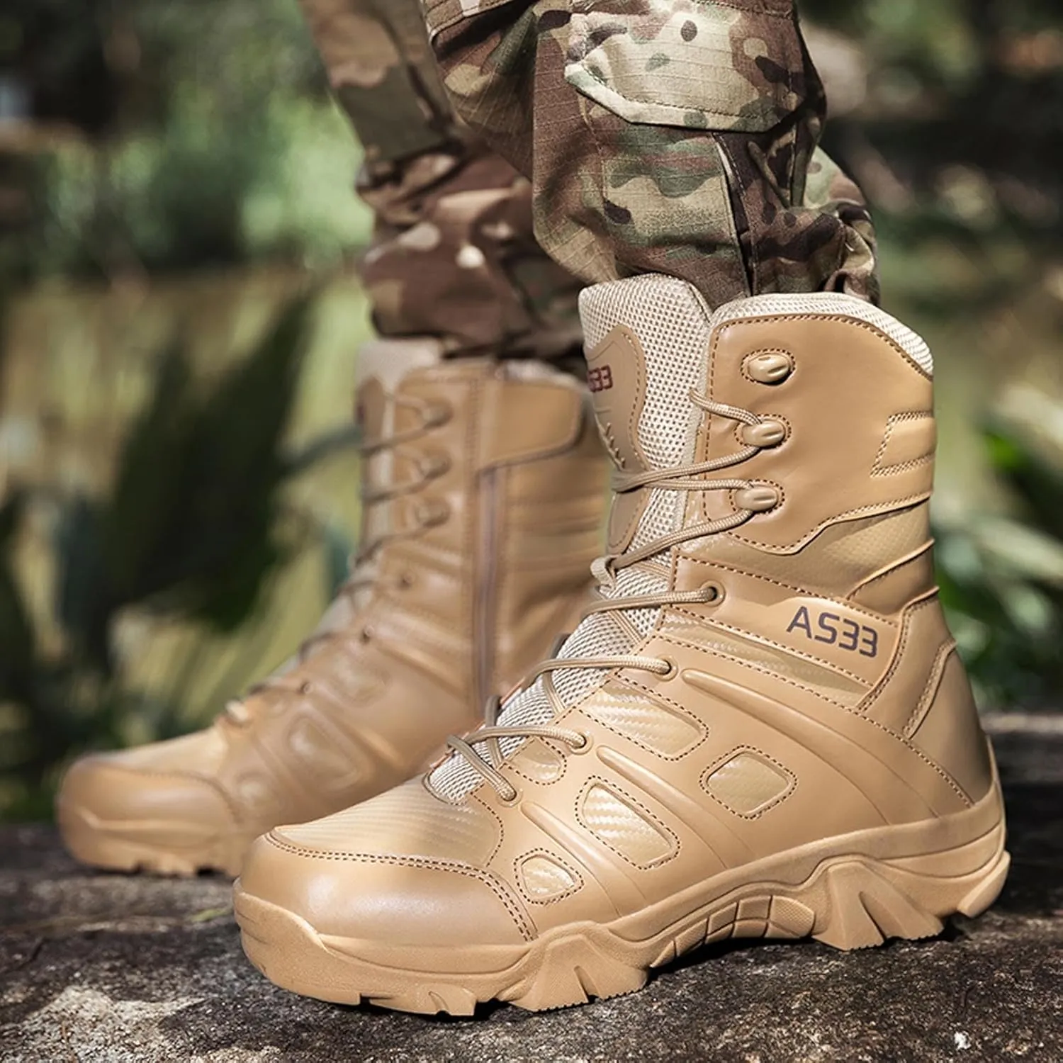 Renyqatt Men's Tactical Boots 8 Inches Lightweight Work Military Boots Side Zipper Jungle Combat Desert Boot