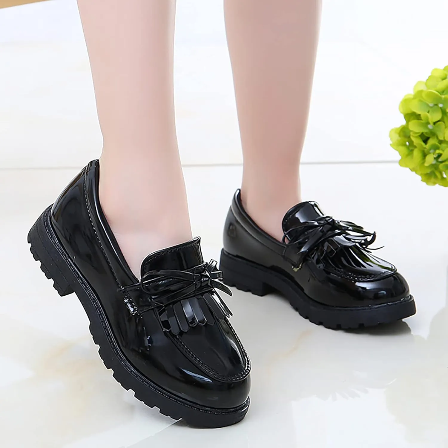 Running Shoes for Toddler Girls Slip On Leather Loafer Tassel Bow Flats School Dress Shoes for Girls (Black, 36)