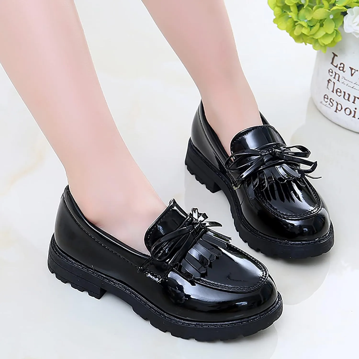 Running Shoes for Toddler Girls Slip On Leather Loafer Tassel Bow Flats School Dress Shoes for Girls (Black, 36)