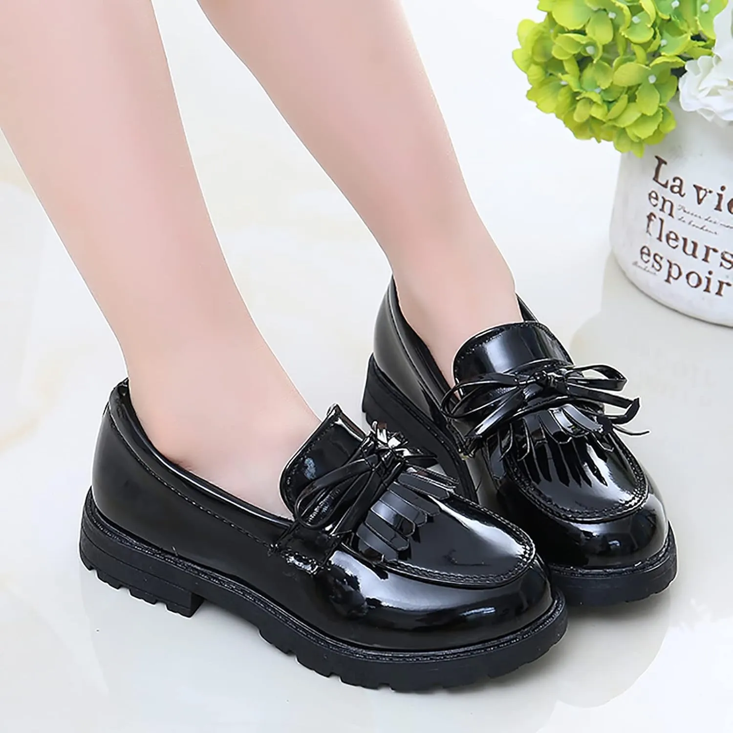 Running Shoes for Toddler Girls Slip On Leather Loafer Tassel Bow Flats School Dress Shoes for Girls (Black, 36)