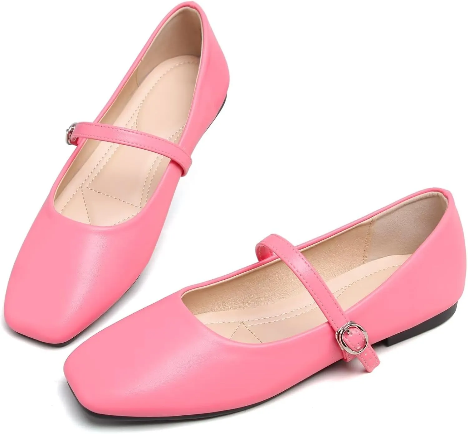 SAILING LU Women's Square Toe Classic Mary Jane Flats Soft PU Leather Walking Shoes Comfortable Slip-ons Solid Color Dress Shoes