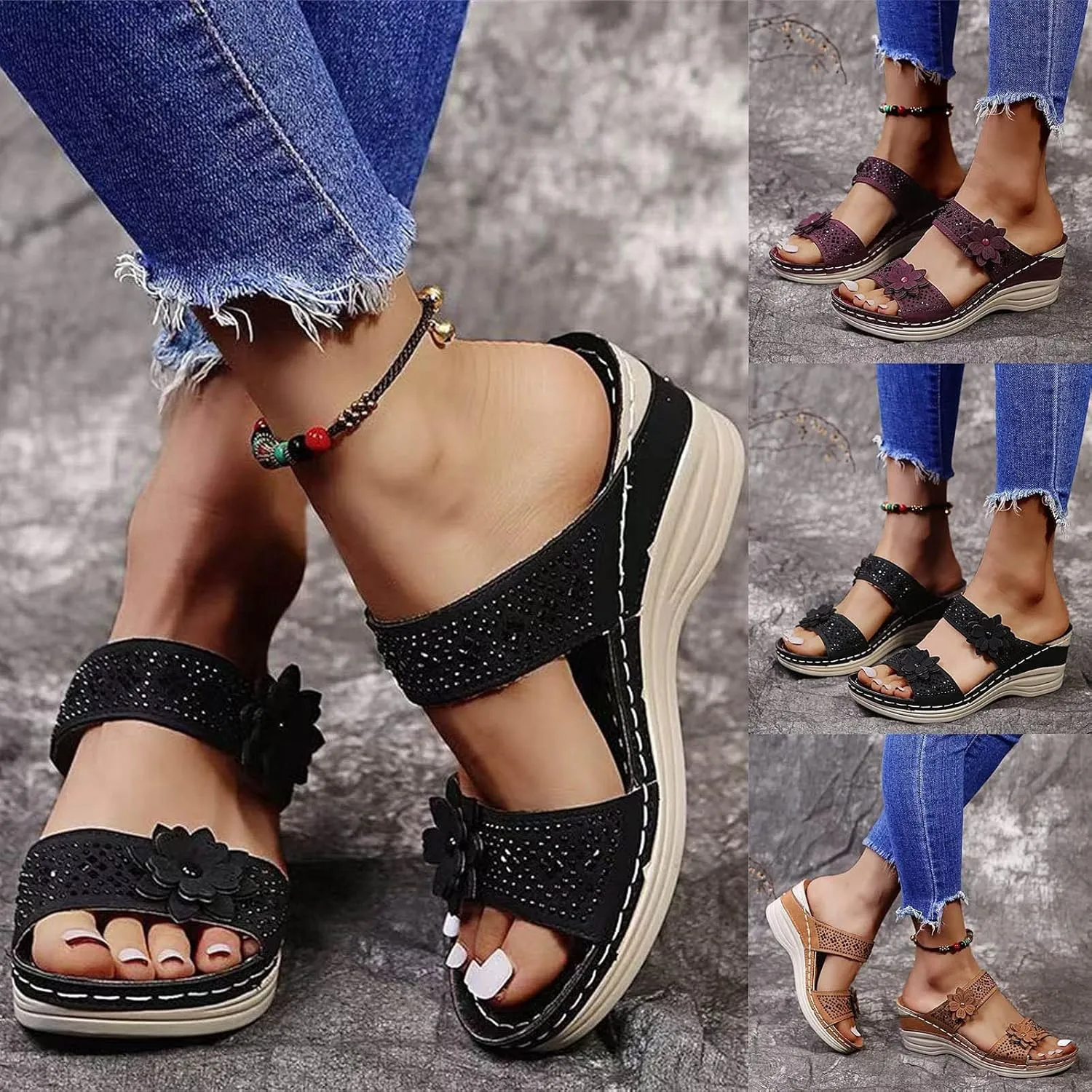 Sandalias para Mujer, Women Summer Comfortable Flip Flop Vintage Slide Sandals Slip on Open Toe Sandals