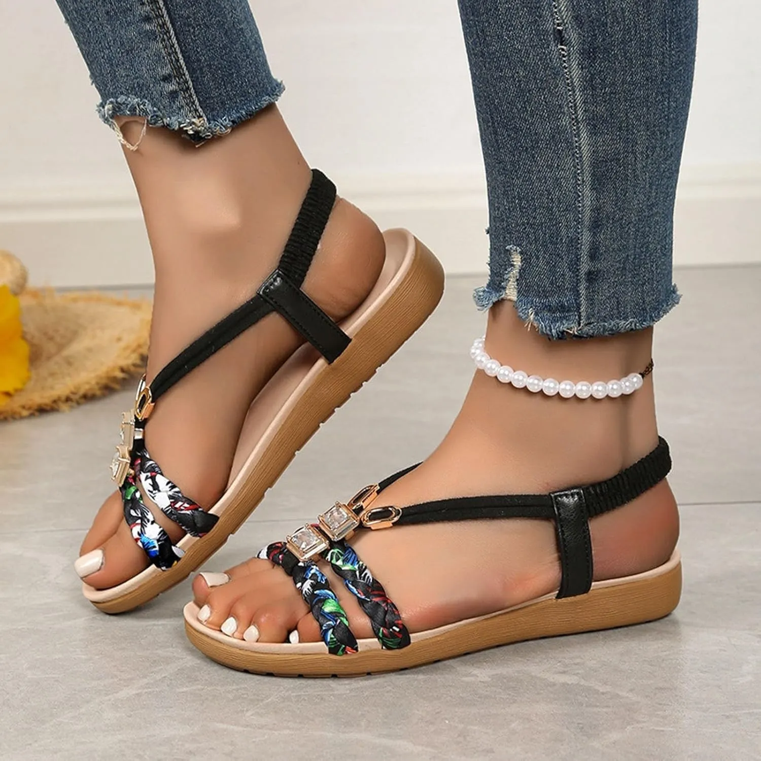 Sandals for Women 2025 Bohemian Beach Sandals Dressy Summer Flat Shoes Sparkly Bling Sandal Flip Flops 2025