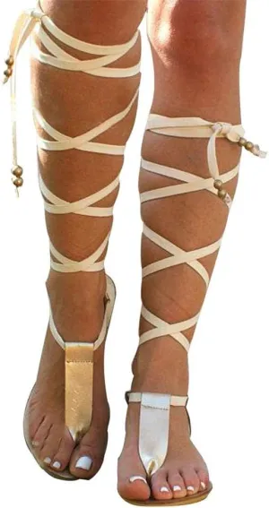 Sandals for Women Platform,Gladiator Sandals Flat Summer Beach Sandals Strappy Lace Up Open Toe Knee High Flat Sandal