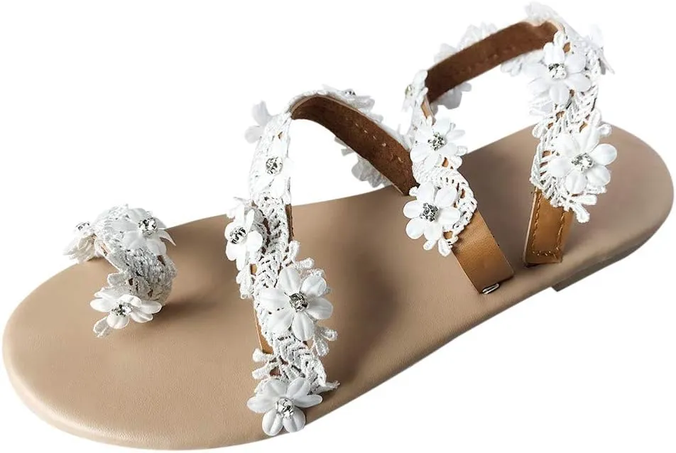 Sandals for Women Thong,Women's Bohemia Bling Rhinestone Pearl Flat Sandals Flat Gladiator Sandals Open Toe Dress Shoes