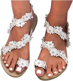 Sandals for Women Thong,Women's Bohemia Bling Rhinestone Pearl Flat Sandals Flat Gladiator Sandals Open Toe Dress Shoes