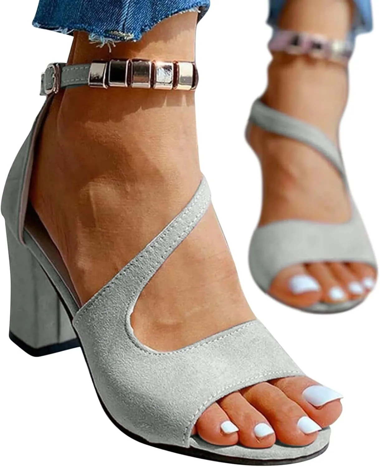Sandals Women,Buckle Strap Chunky Heel Sandals Beaded Fish Mouth High Heels Ankle Strap Shoes Pumps Boho Sandals