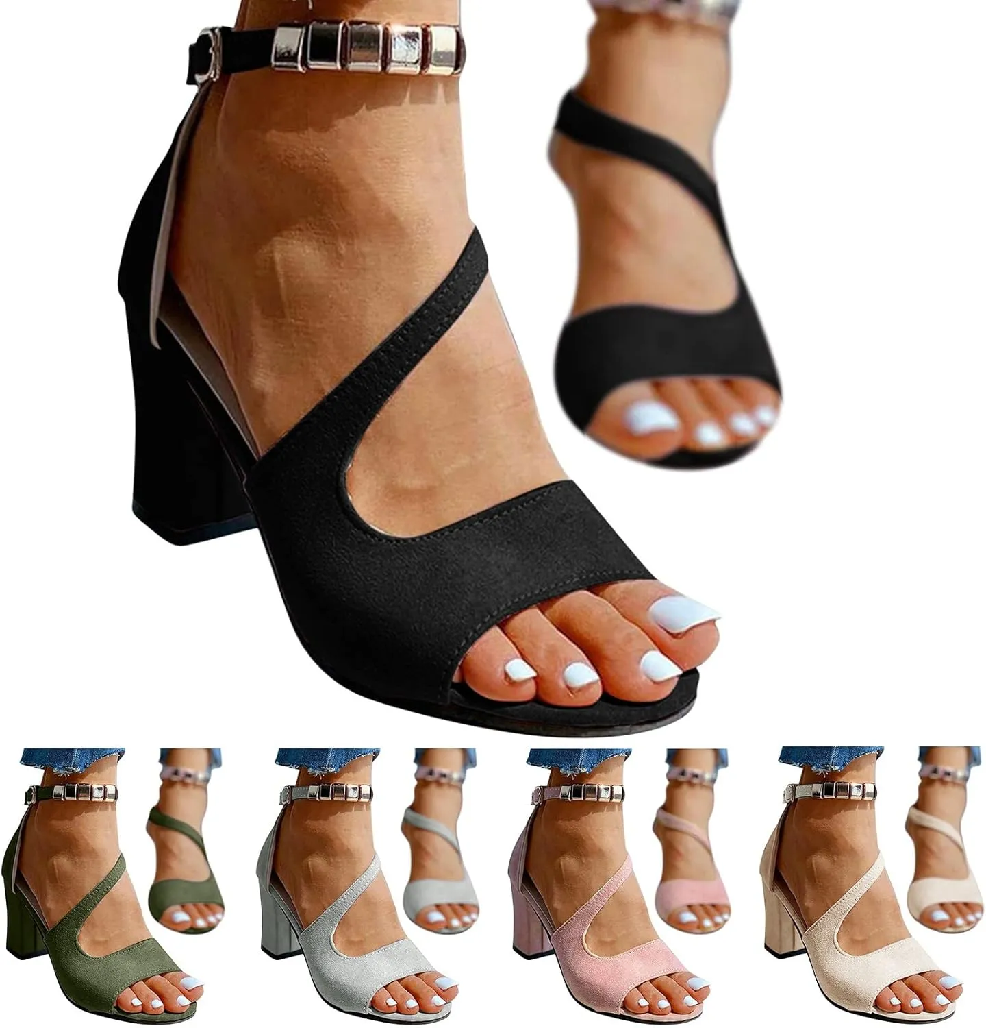 Sandals Women,Buckle Strap Chunky Heel Sandals Beaded Fish Mouth High Heels Ankle Strap Shoes Pumps Boho Sandals