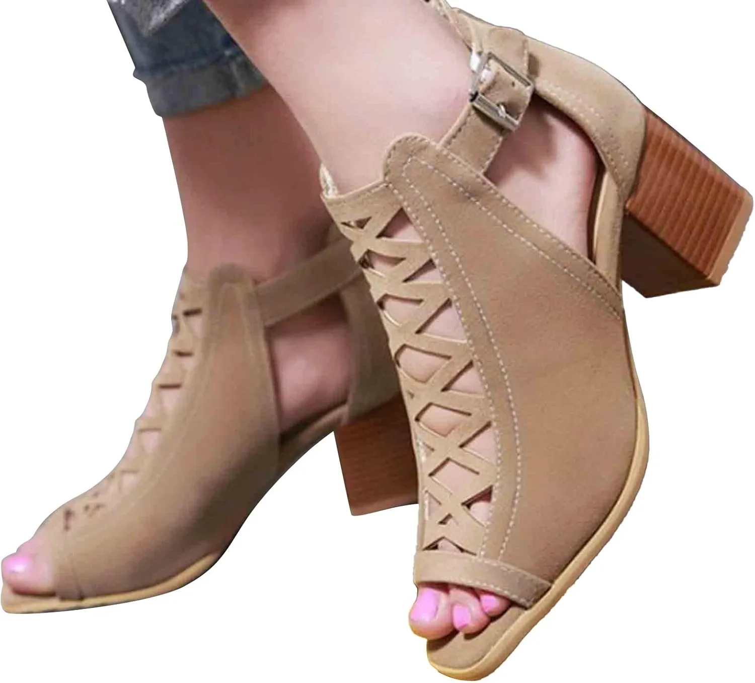 Shoes for Women Dressy, Women's Suede Peep Toe Ankle Booties Cut Out Stacked Block Heel Ankle Boots Drssy