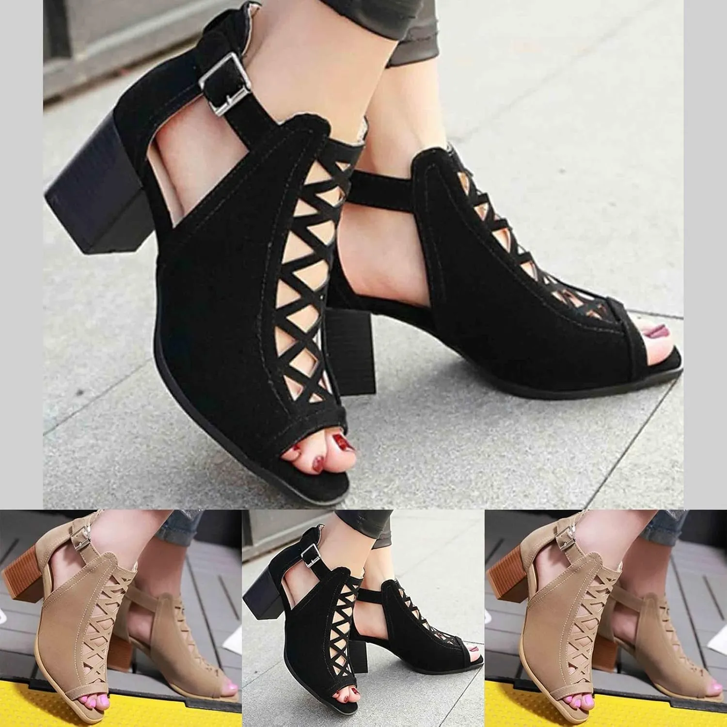 Shoes for Women Dressy, Women's Suede Peep Toe Ankle Booties Cut Out Stacked Block Heel Ankle Boots Drssy