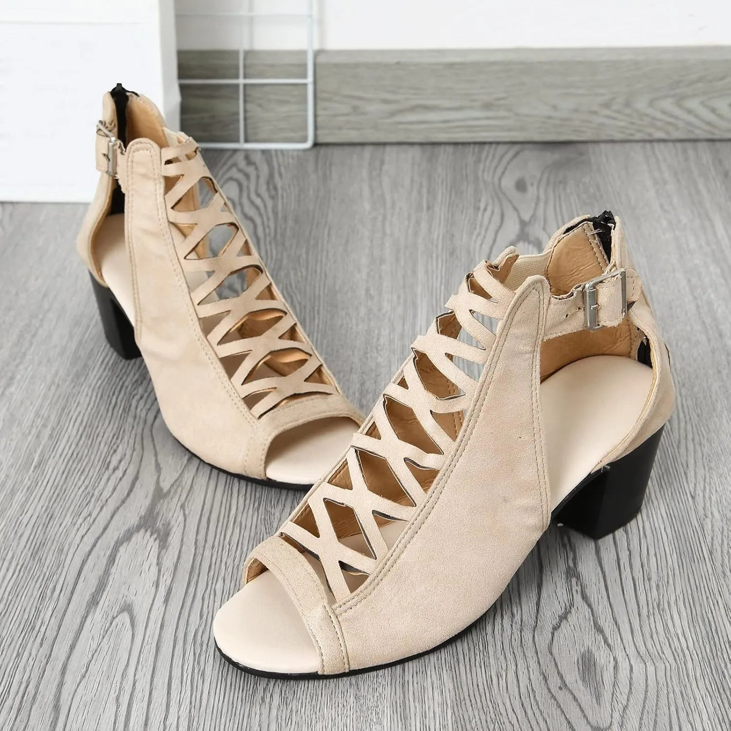 Shoes for Women Dressy, Women's Suede Peep Toe Ankle Booties Cut Out Stacked Block Heel Ankle Boots Drssy