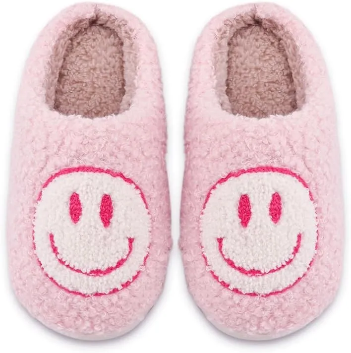 Sierlos Cute Kids' Plush Preppy Slippers - Happy Face Soft Memory Foam Fuzzy Slip-Ons for Indoor/Outdoor Use
