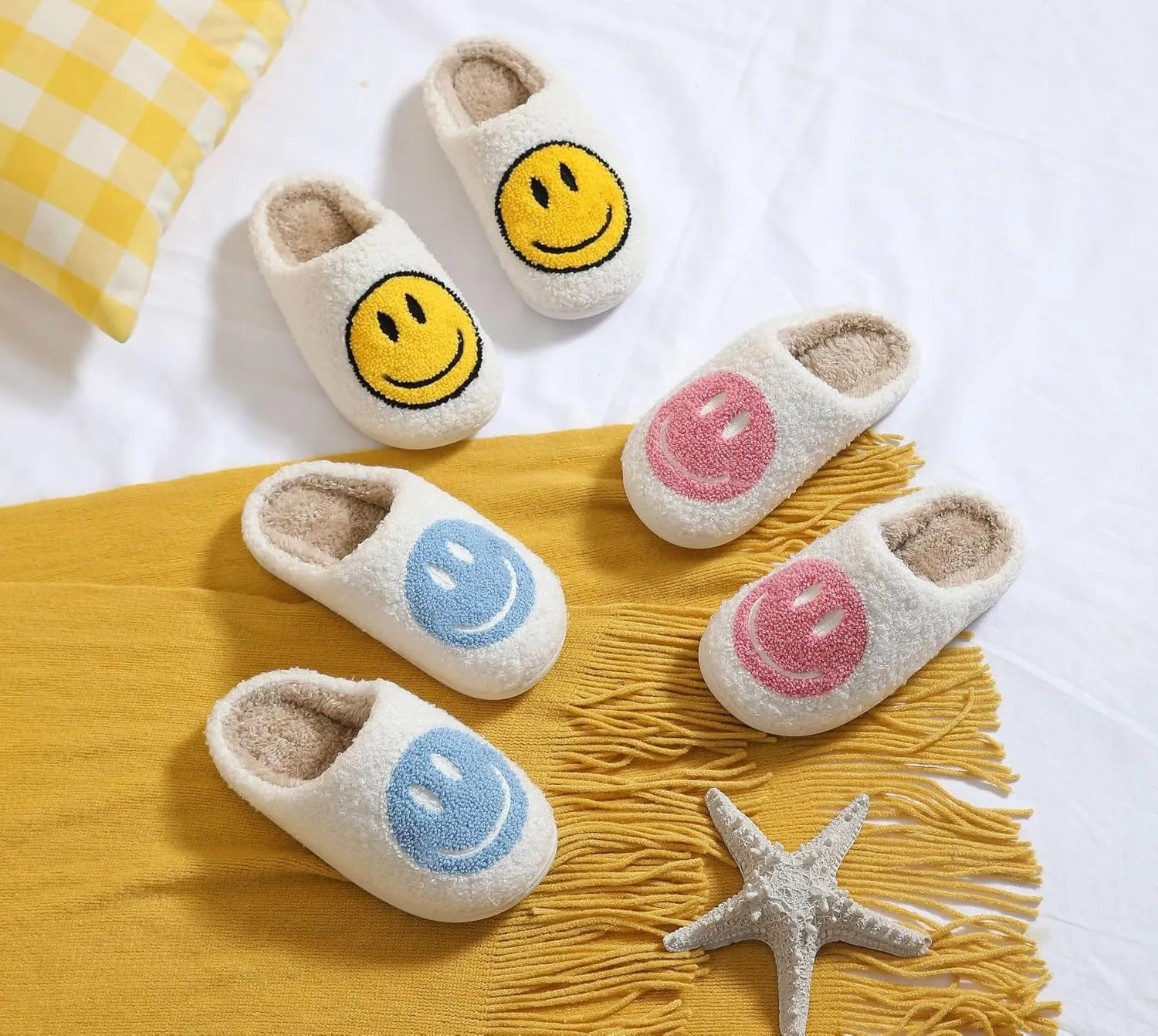 Sierlos Cute Kids' Plush Preppy Slippers - Happy Face Soft Memory Foam Fuzzy Slip-Ons for Indoor/Outdoor Use