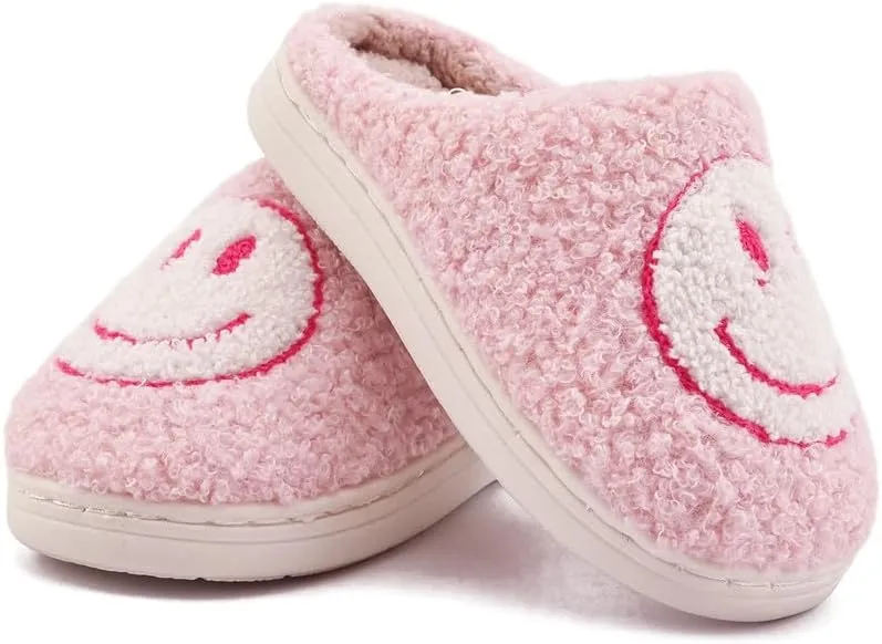 Sierlos Cute Kids' Plush Preppy Slippers - Happy Face Soft Memory Foam Fuzzy Slip-Ons for Indoor/Outdoor Use