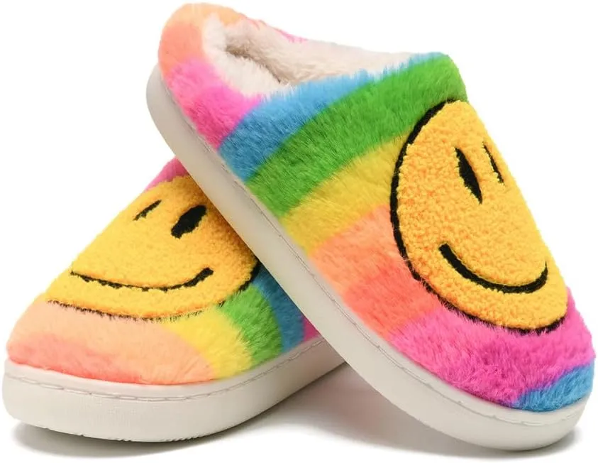 Sierlos Cute Kids' Plush Preppy Slippers - Happy Face Soft Memory Foam Fuzzy Slip-Ons for Indoor/Outdoor Use