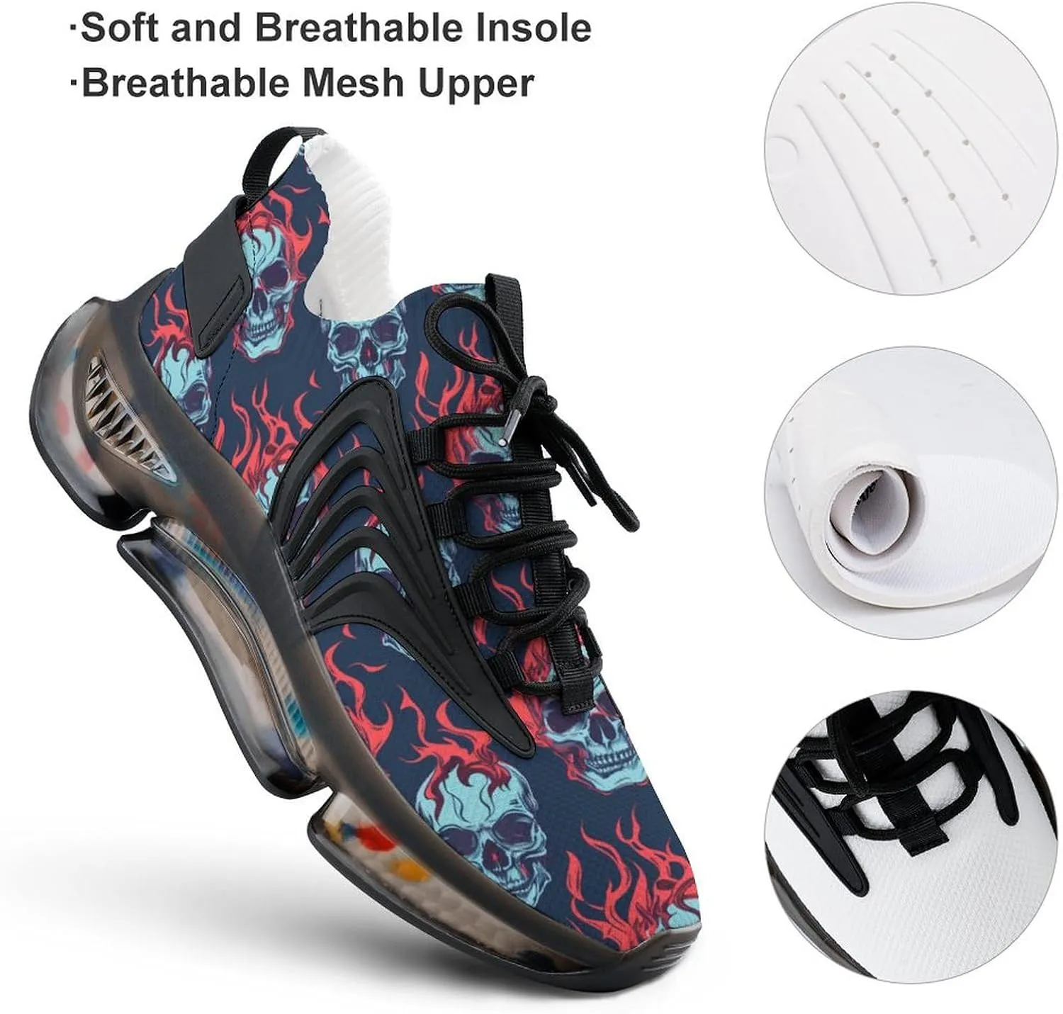 Skulls Flames Men's Running Shoes Lightweight Walking Shoe Breathable Sneaker