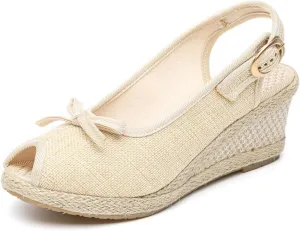 Socialite Women's Wedge Sandals Walking Slippers with Arch Support Wedge Summer Dressy Platform Slingback Mid Low Heel Canvas Bow Dress Sandals