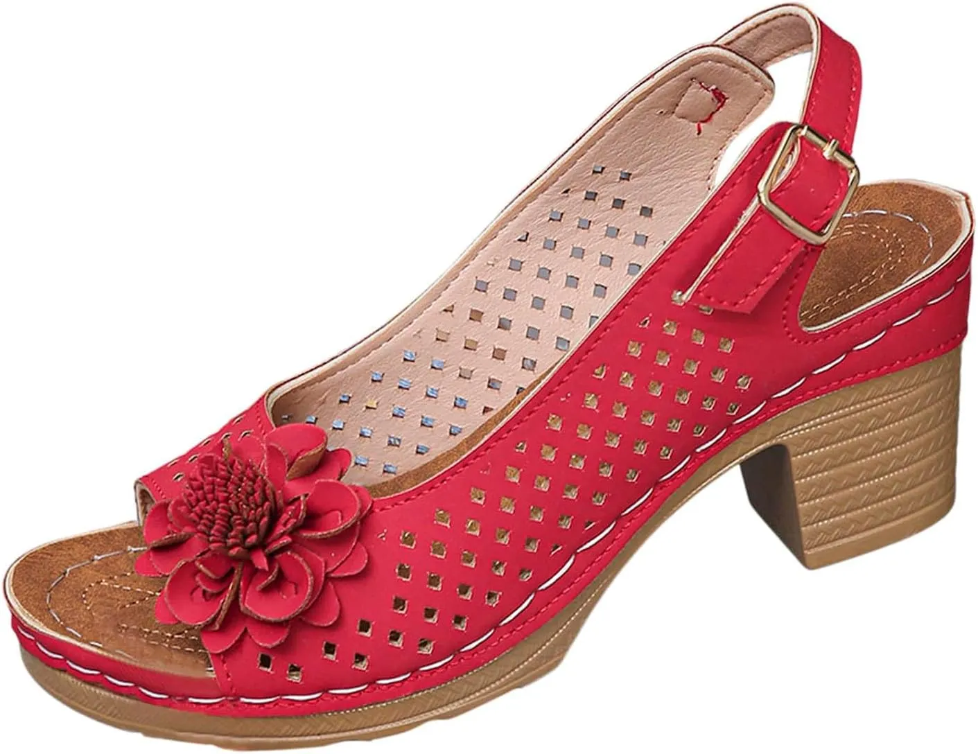 Summer Sandals for Women Open Toe Ankle Strap Chunky High Heels Sandals Peep Flowers Hollow Out Sandal Chunky Block Dress Adjustable Strappy Shoes Lightweight Platform Wedge Fashion Footwear