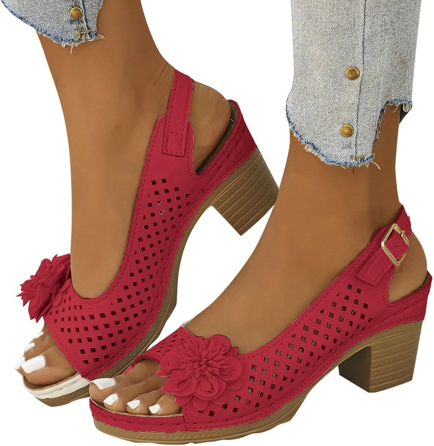 Summer Sandals for Women Open Toe Ankle Strap Chunky High Heels Sandals Peep Flowers Hollow Out Sandal Chunky Block Dress Adjustable Strappy Shoes Lightweight Platform Wedge Fashion Footwear