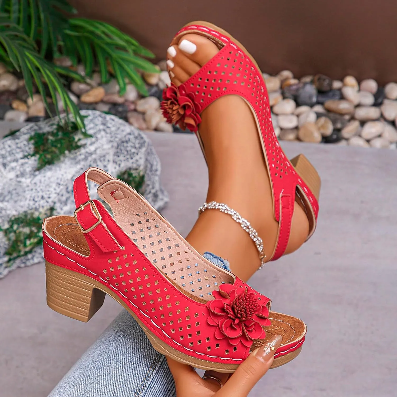 Summer Sandals for Women Open Toe Ankle Strap Chunky High Heels Sandals Peep Flowers Hollow Out Sandal Chunky Block Dress Adjustable Strappy Shoes Lightweight Platform Wedge Fashion Footwear