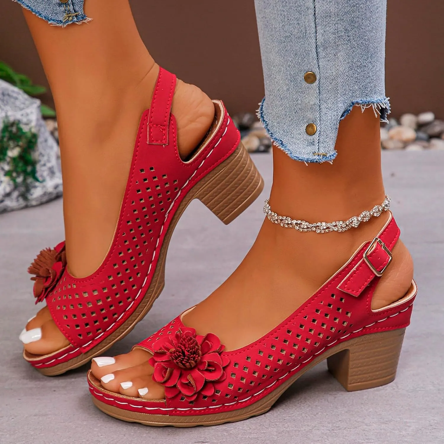 Summer Sandals for Women Open Toe Ankle Strap Chunky High Heels Sandals Peep Flowers Hollow Out Sandal Chunky Block Dress Adjustable Strappy Shoes Lightweight Platform Wedge Fashion Footwear