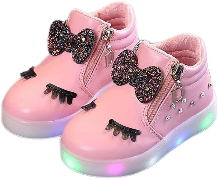 Toddler Baby Light Up Shoes Little Girls Non Slip Wide Zipper Boots Fashion LED Flashing Tennis Sneakers