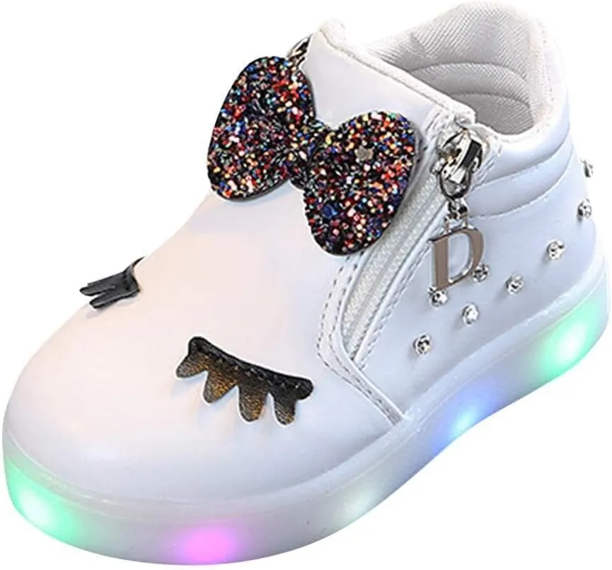 Toddler Baby Light Up Shoes Little Girls Non Slip Wide Zipper Boots Fashion LED Flashing Tennis Sneakers