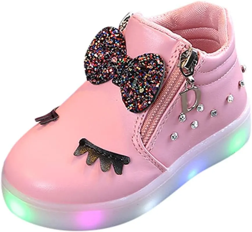 Toddler Baby Light Up Shoes Little Girls Non Slip Wide Zipper Boots Fashion LED Flashing Tennis Sneakers