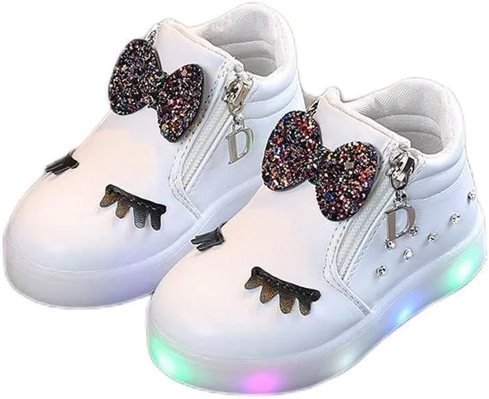 Toddler Baby Light Up Shoes Little Girls Non Slip Wide Zipper Boots Fashion LED Flashing Tennis Sneakers