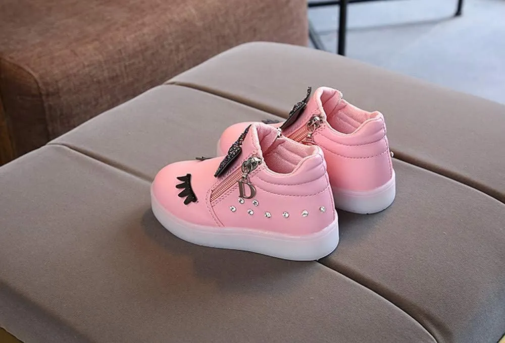 Toddler Baby Light Up Shoes Little Girls Non Slip Wide Zipper Boots Fashion LED Flashing Tennis Sneakers