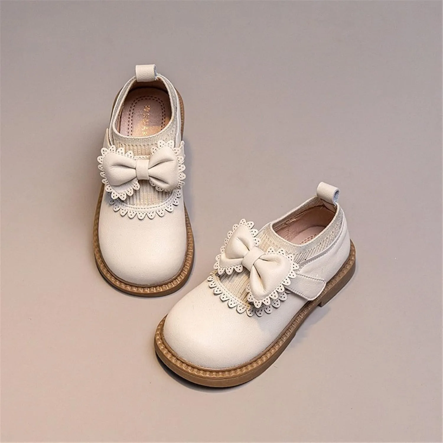 Toddler Girl's Dress Bow Princess Shoes Flower Cute Bow Girls Mary Jane Ballet Flat Party School (Beige, 12 Little Kids)