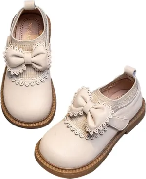 Toddler Girl's Dress Bow Princess Shoes Flower Cute Bow Girls Mary Jane Ballet Flat Party School (Beige, 12 Little Kids)