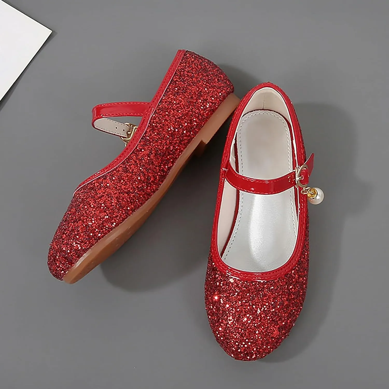 Toddler Girls Glitter Princess Dress Shoes Plat Sparkly Mary Jane Shoes Kids Buckle Sandals Pearl Strap Wedding