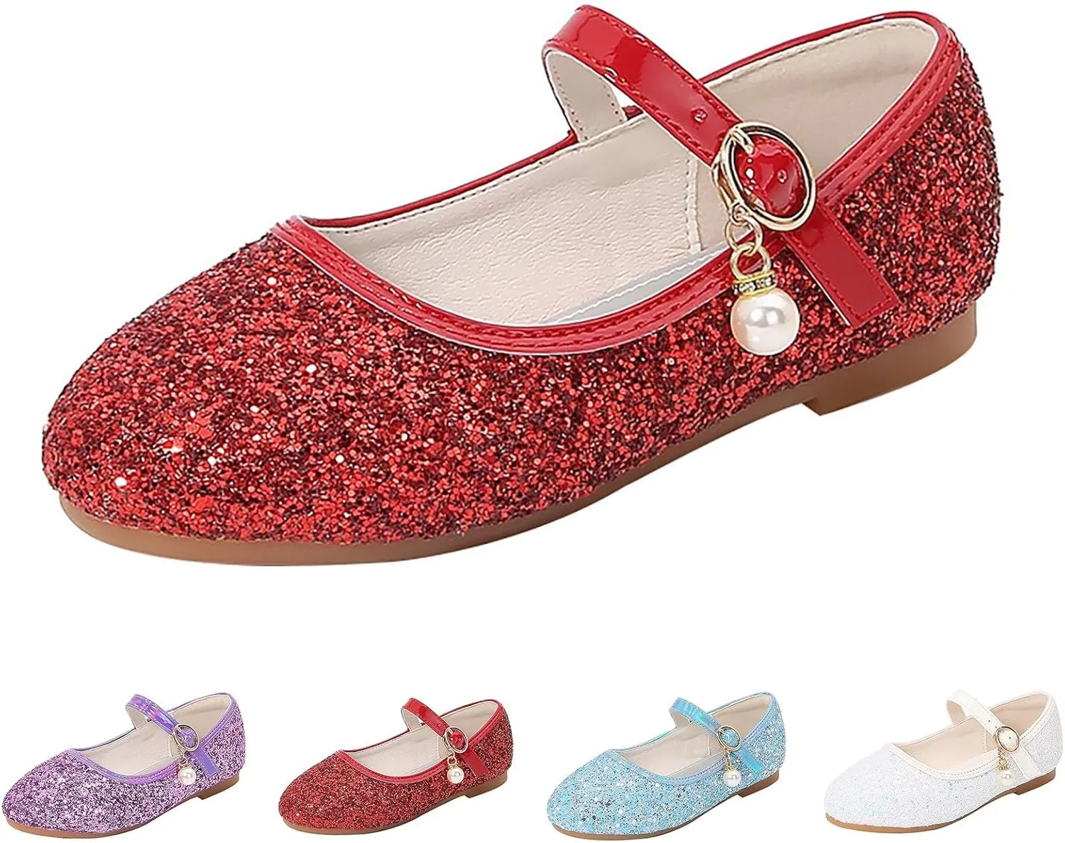 Toddler Girls Glitter Princess Dress Shoes Plat Sparkly Mary Jane Shoes Kids Buckle Sandals Pearl Strap Wedding