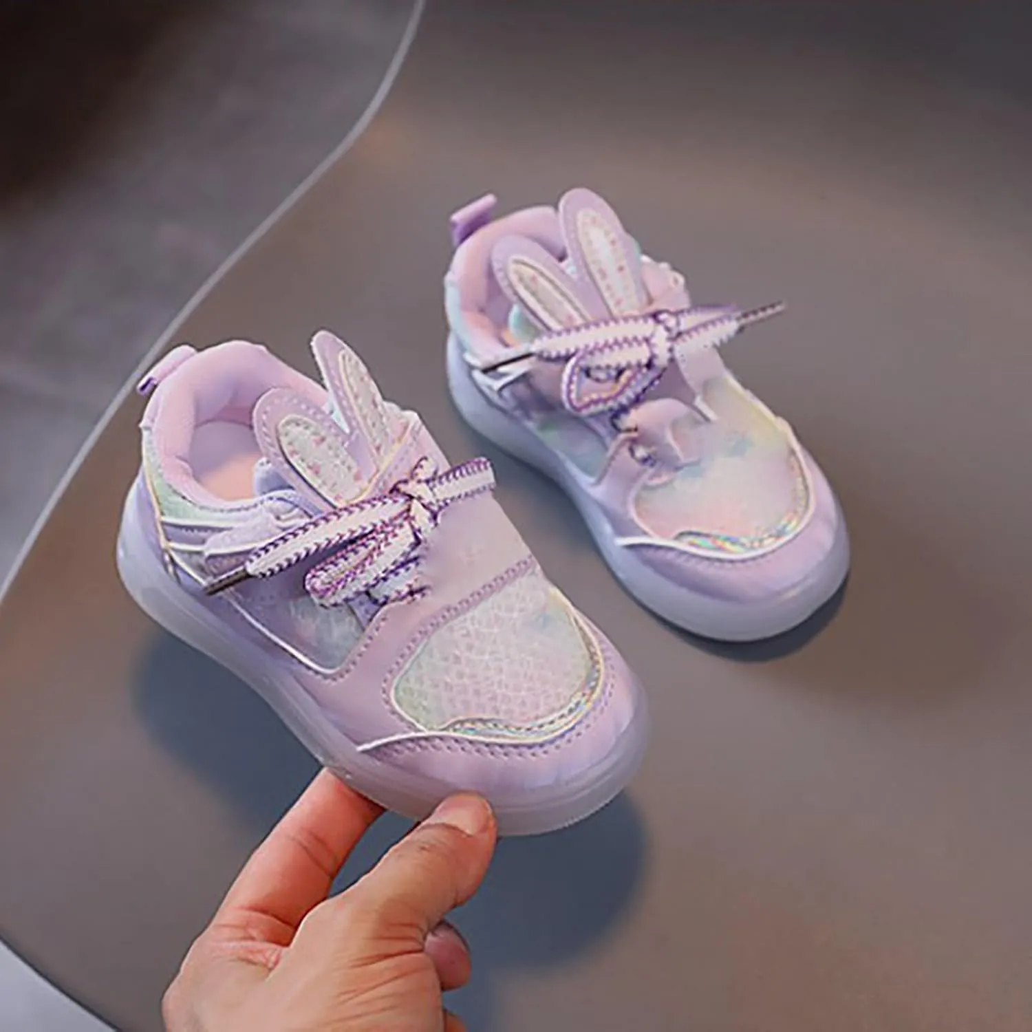 Toddler Infant Girls Cute Rabbit Ear Light Up Shoes Luminous Glowing Flat Bottom Breathable Outdoor Casual Trainer