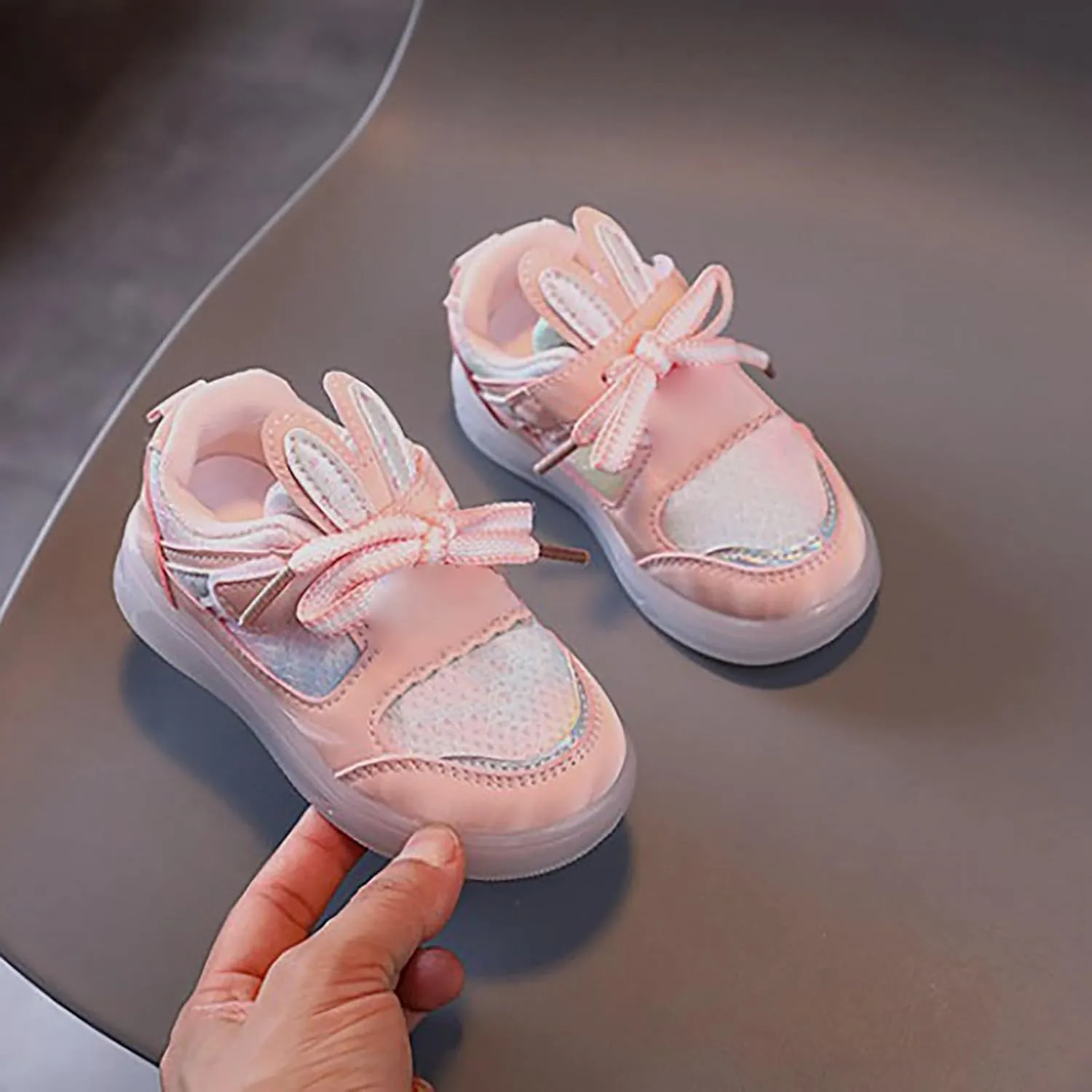 Toddler Infant Girls Cute Rabbit Ear Light Up Shoes Luminous Glowing Flat Bottom Breathable Outdoor Casual Trainer