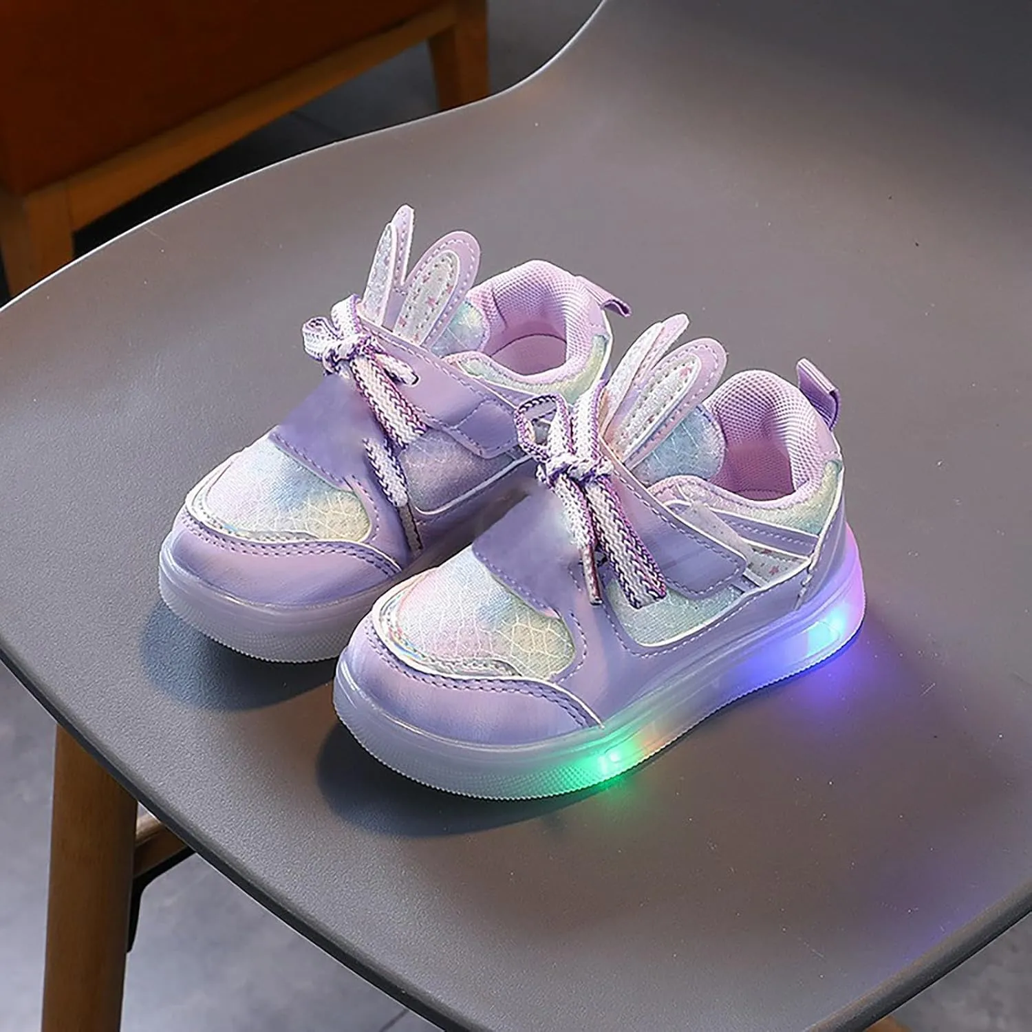 Toddler Infant Girls Cute Rabbit Ear Light Up Shoes Luminous Glowing Flat Bottom Breathable Outdoor Casual Trainer