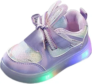 Toddler Infant Girls Cute Rabbit Ear Light Up Shoes Luminous Glowing Flat Bottom Breathable Outdoor Casual Trainer
