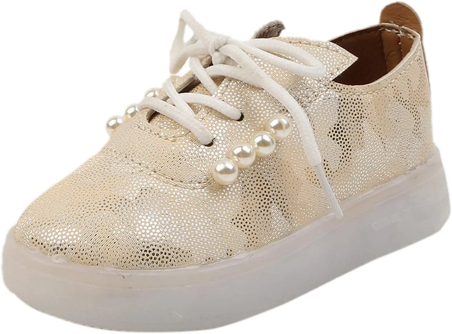 Toddler Kids Girls Shoes Light Up Flashing Tennis Sneakers with Pearl Outdoor Casual Adjustable Strap Flat Shoes
