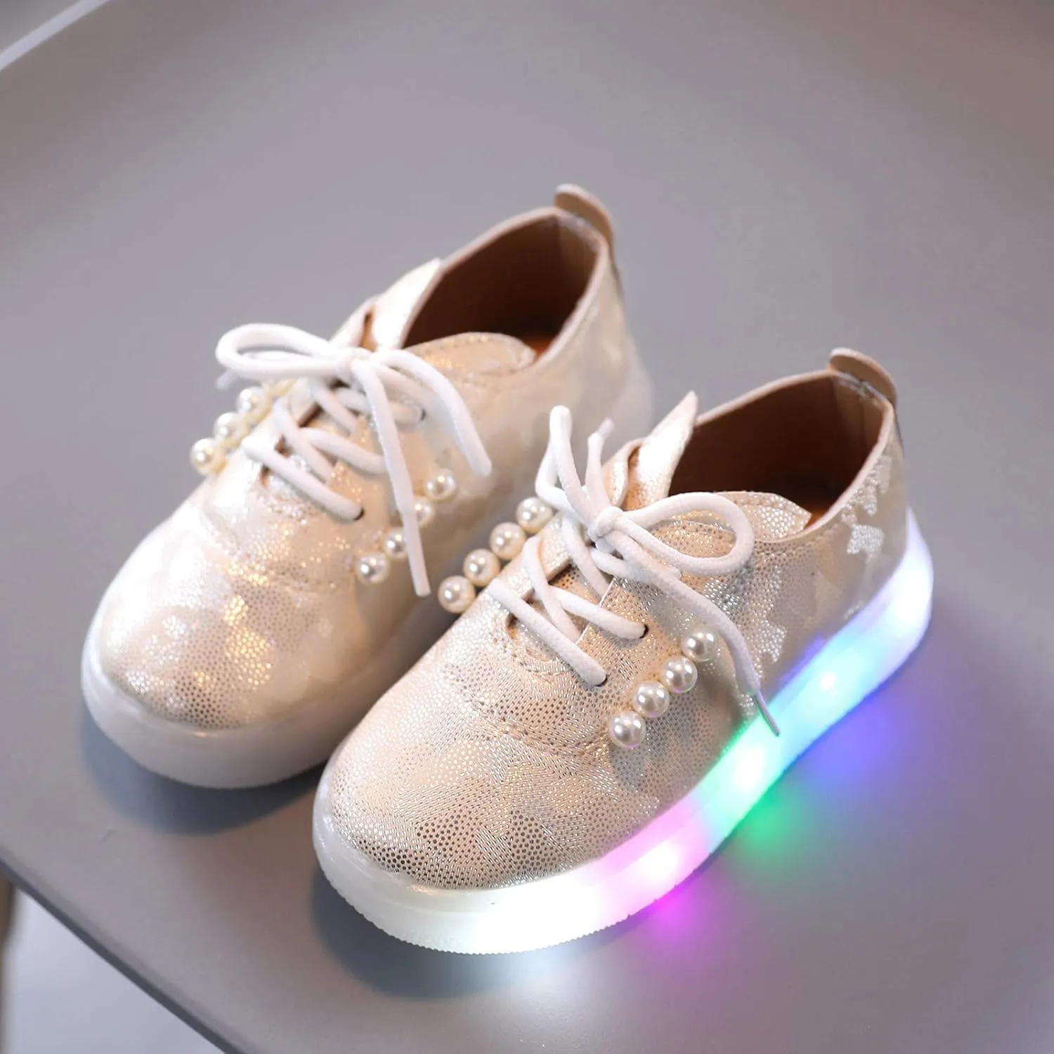 Toddler Kids Girls Shoes Light Up Flashing Tennis Sneakers with Pearl Outdoor Casual Adjustable Strap Flat Shoes