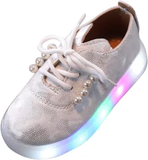 Toddler Kids Girls Shoes Light Up Flashing Tennis Sneakers with Pearl Outdoor Casual Adjustable Strap Flat Shoes