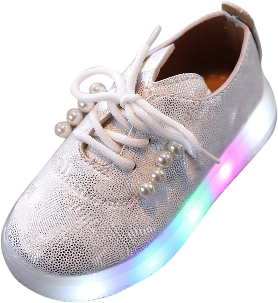 Toddler Kids Girls Shoes Light Up Flashing Tennis Sneakers with Pearl Outdoor Casual Adjustable Strap Flat Shoes